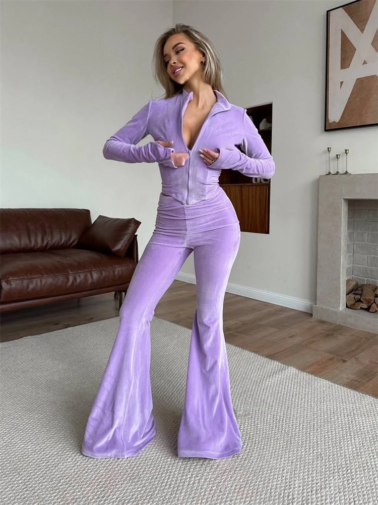 Silver Fox Velvet Zip-Up Long-Sleeve Fitted Cardigan and Elastic Pants Two-Piece Set