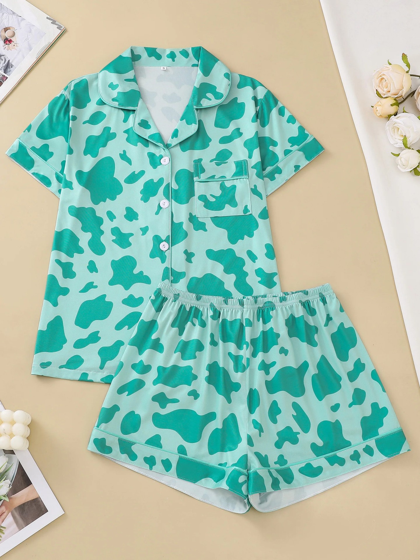 Women's Cuban Collar Polka Dot Short Sleeve Shirt Set Casual Loungewear