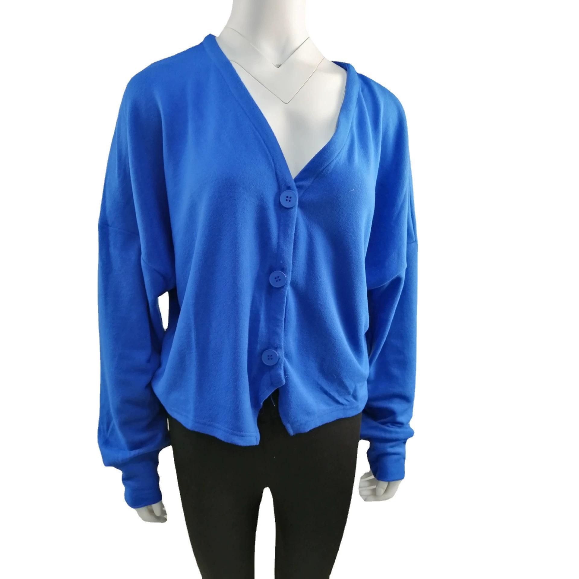 Solid V-Neck Knit Top with Front Button Detail, Loose Cropped Long Sleeve