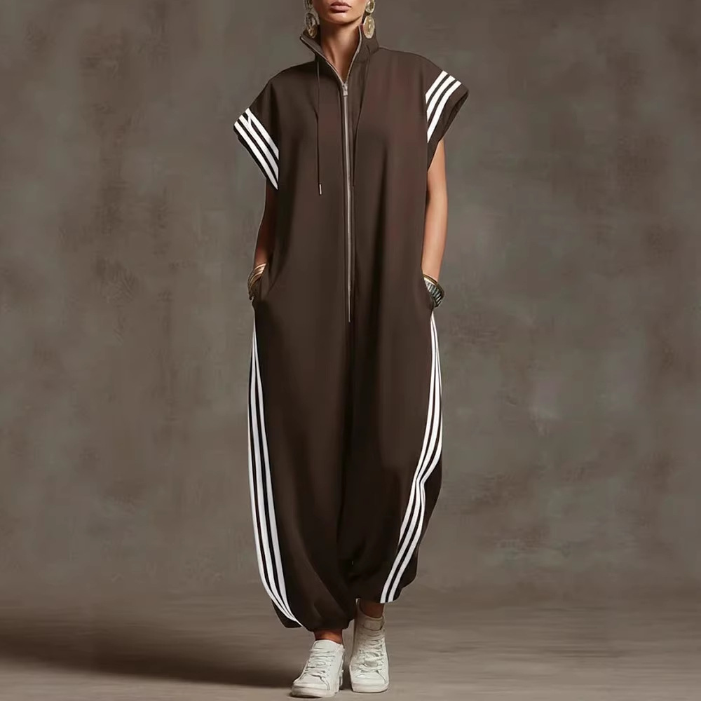 Striped Colorblock Zip-Up Jumpsuit with Stand Collar