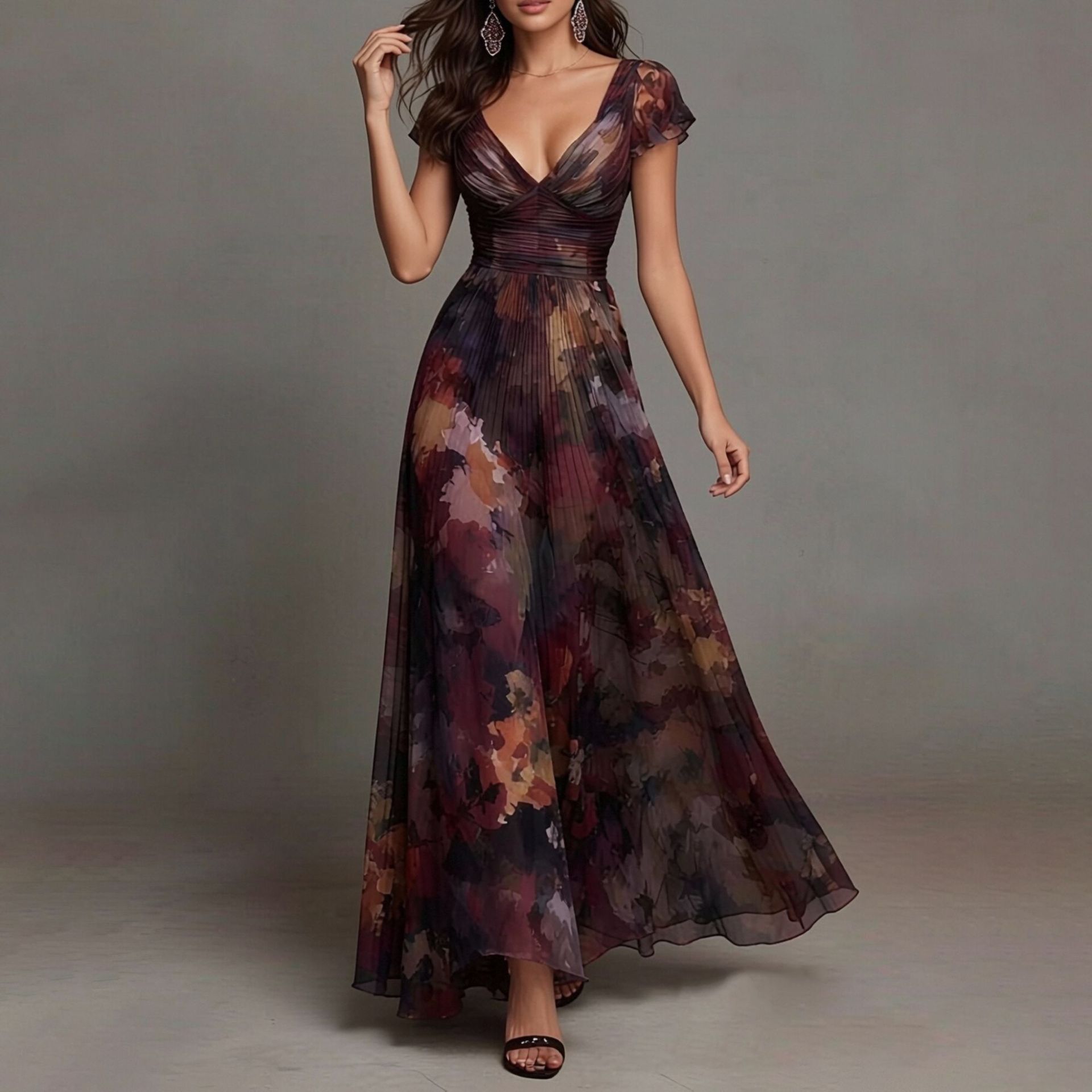 Elegant Floral Print V-Neck French Midi Dress