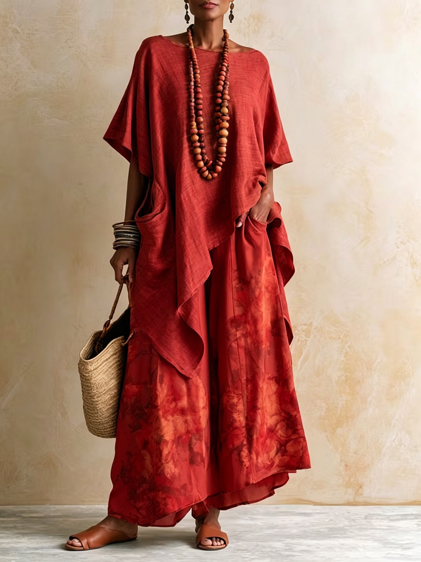 Women's Printed Linen Two-Piece Set with Loose Wide-Leg Pants