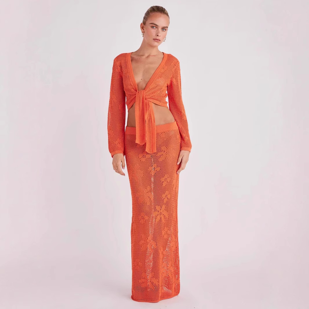 Open-Knit Long-Sleeve Two-Piece Crop Top and Maxi Skirt Set