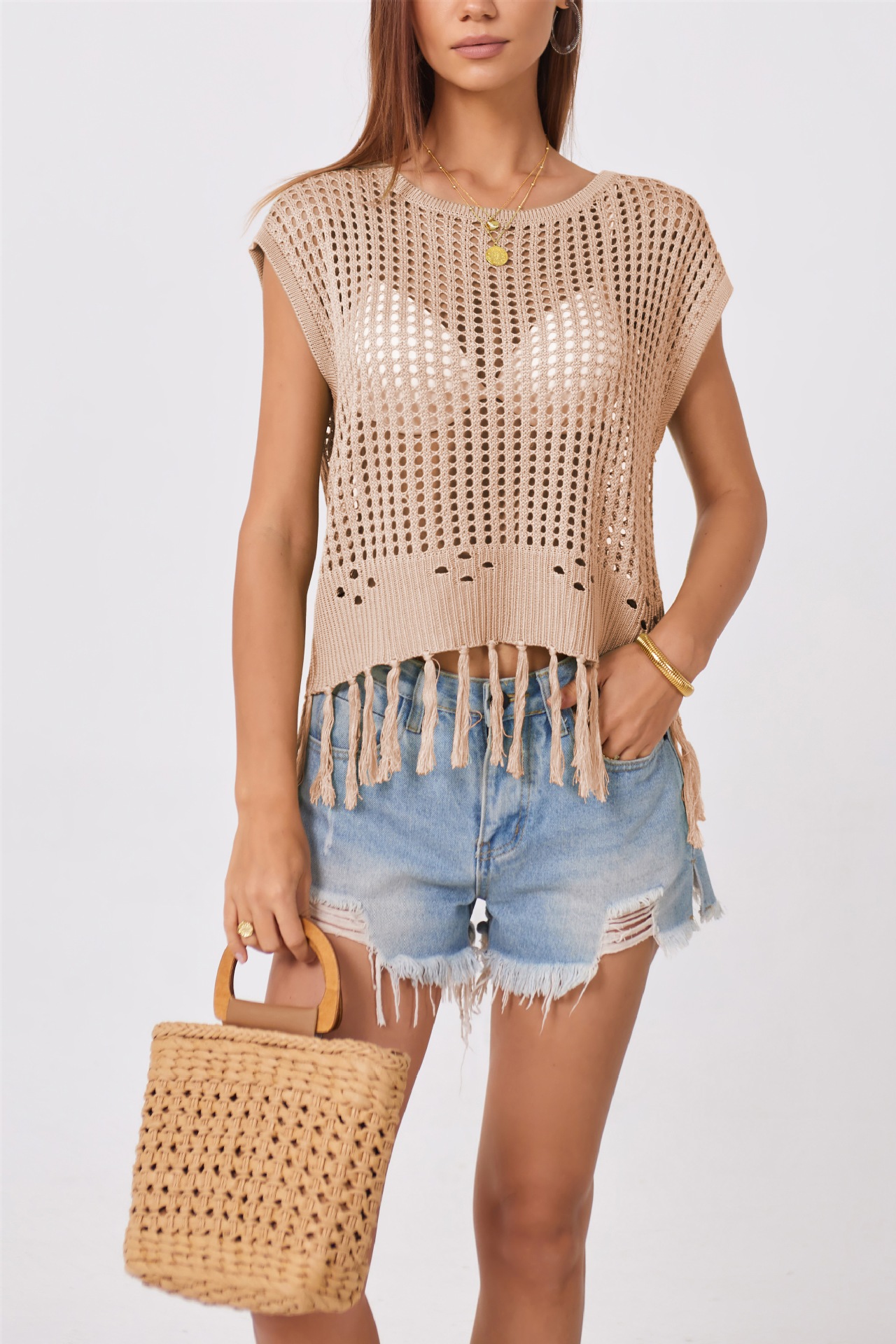 Women's Handmade Fringe Open Knit Sweater Crew Neck Loose Fit