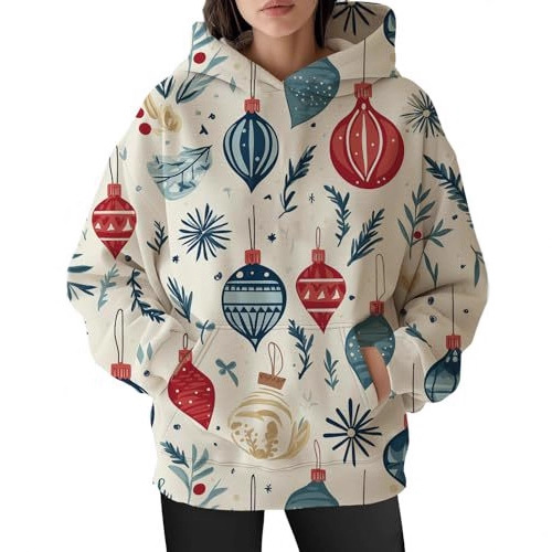 Women's Christmas Print Hoodie with Lantern Leaf Motif