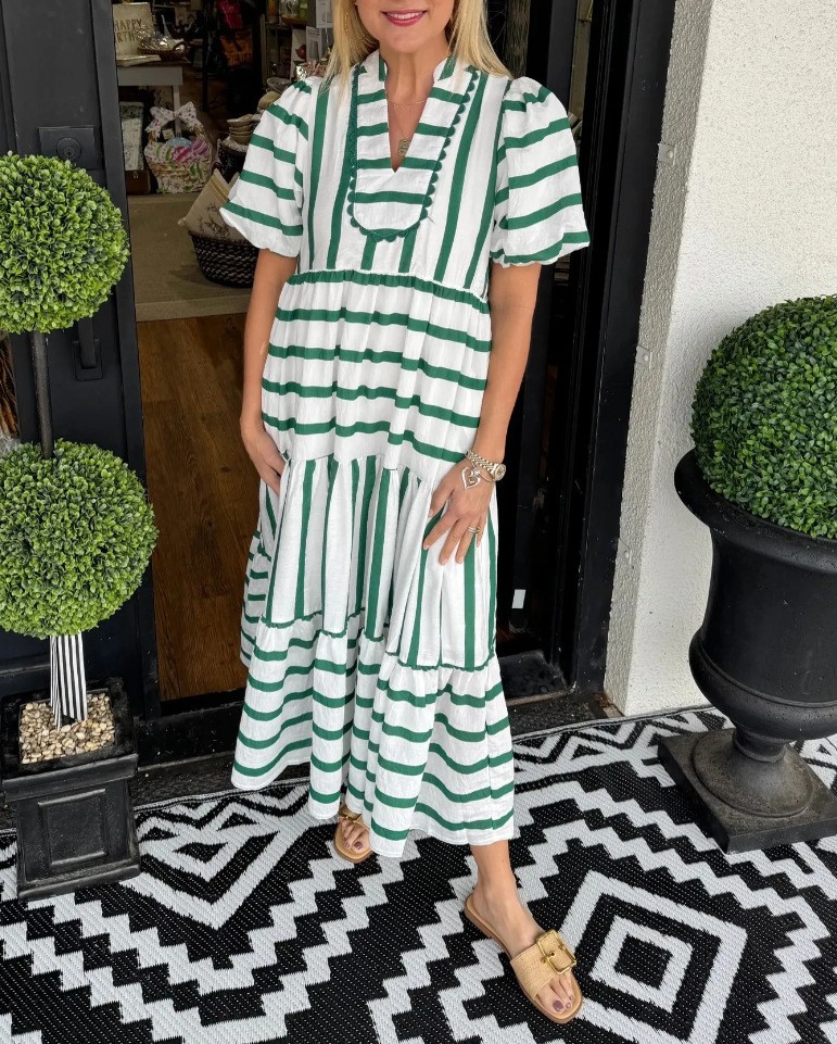 Striped Long Dress with V-Neck and Lantern Sleeves