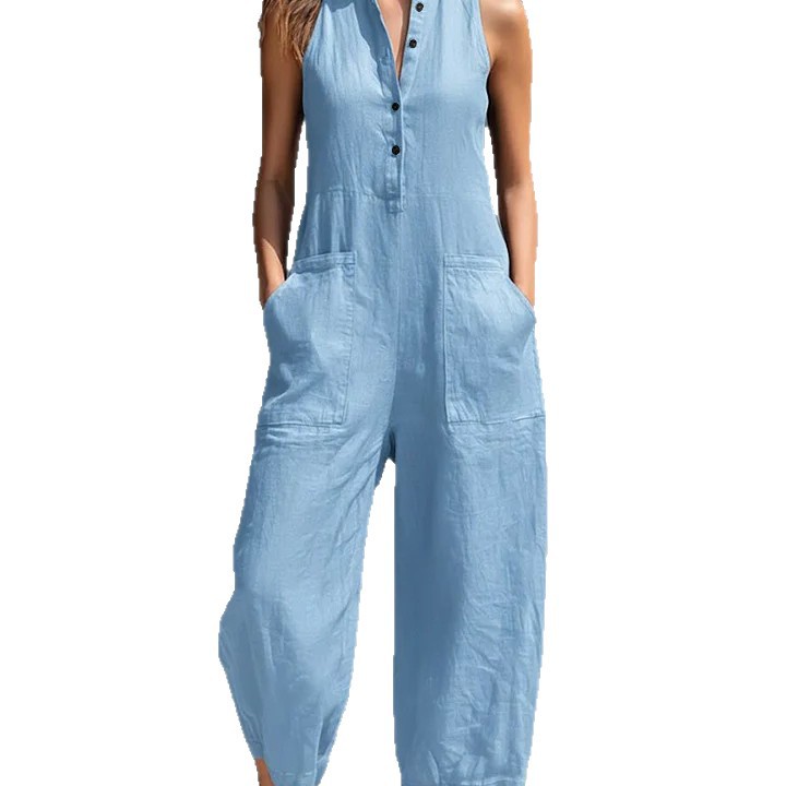 Women's Sleeveless Button-Front Wide-Leg Jumpsuit