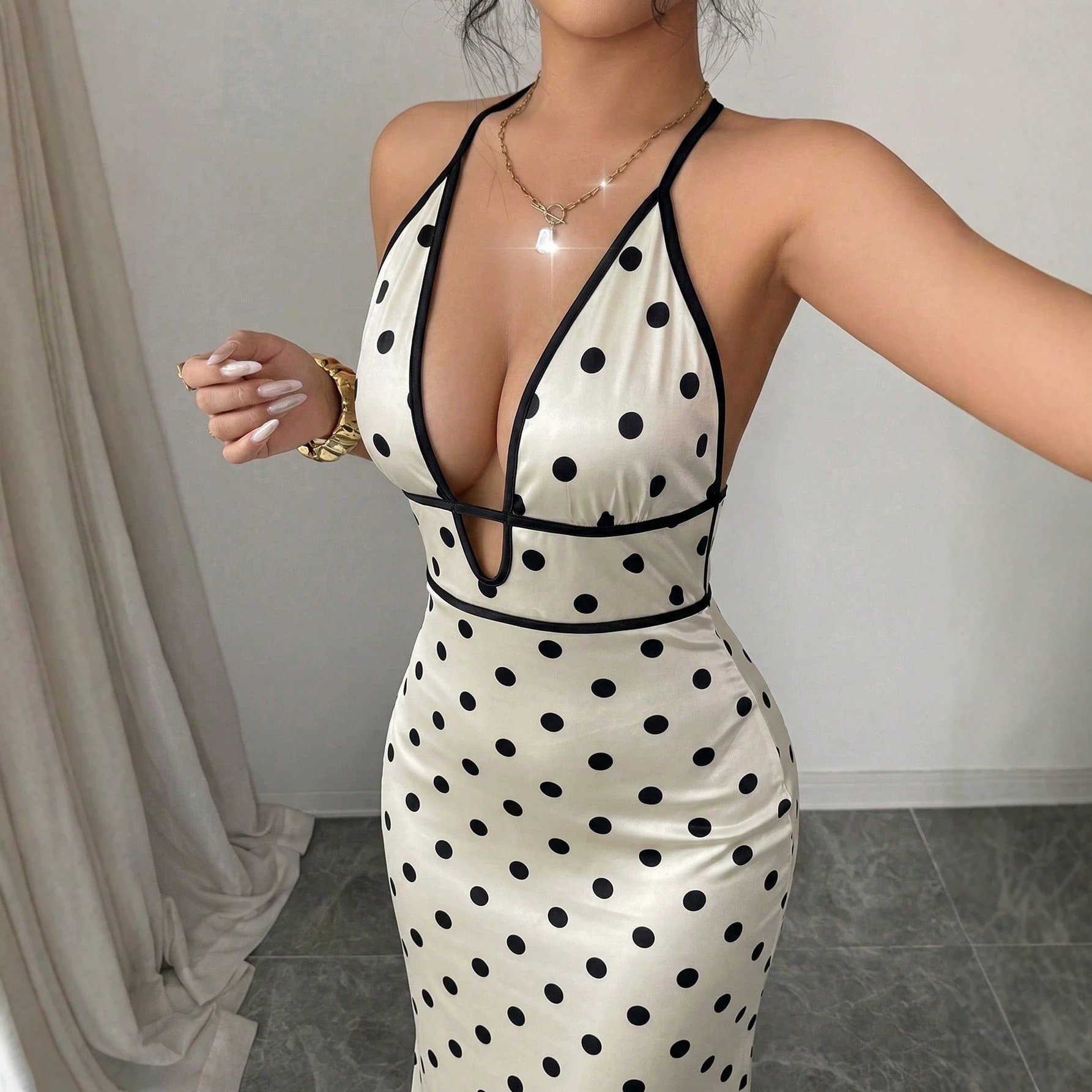 Polka Dot Halter Deep V Backless Tie Bodycon Maxi Dress