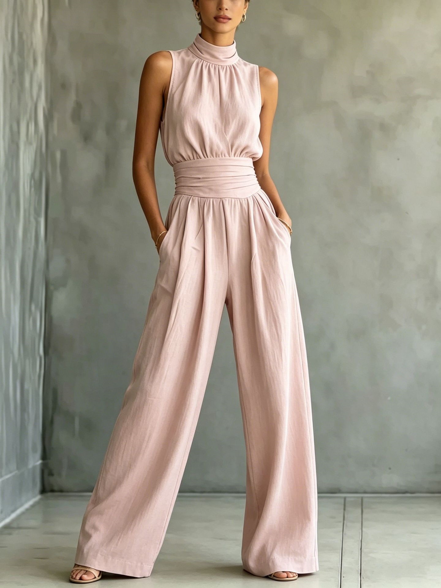 Women's Sleeveless Mock Neck Wide Leg Jumpsuit Solid Casual Long Pants