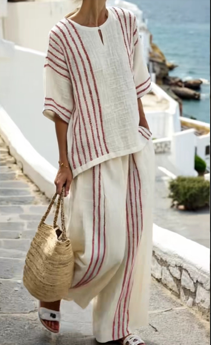 Striped Short Sleeve Top and Pants 2-Piece Set