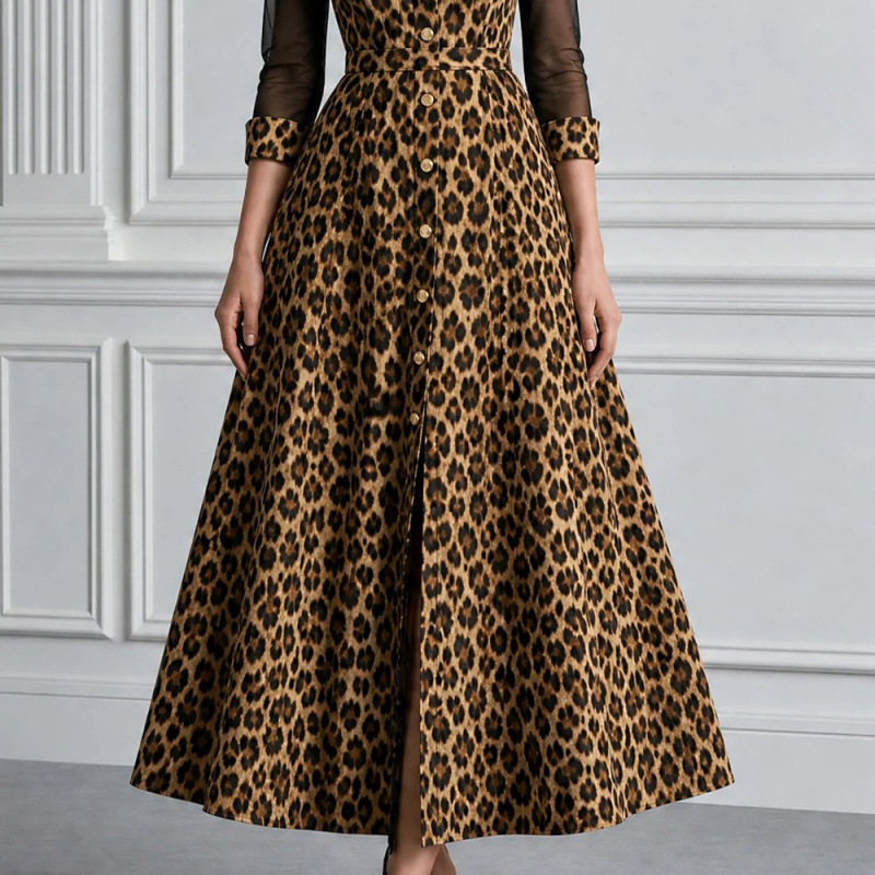 Leopard Print Collared Long Sleeve A-Line Maxi Dress