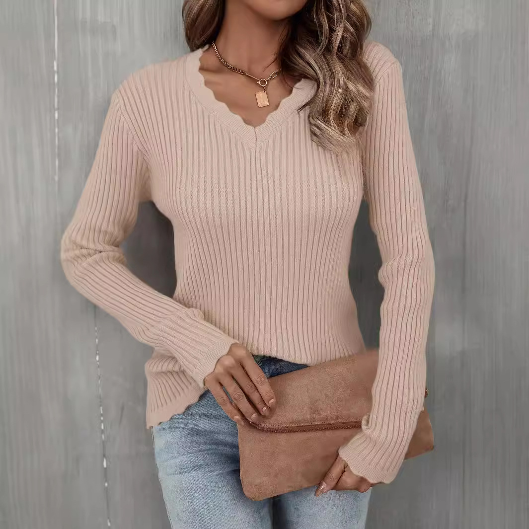Women's Ribbed Knit Slim Fit V-Neck Pullover Sweater