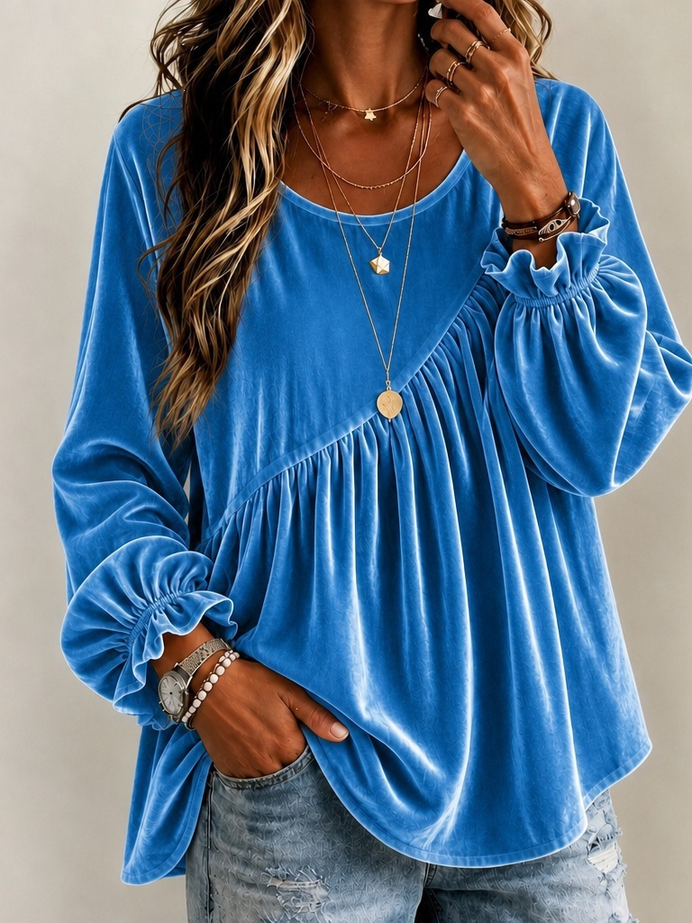 Boho Women's Sheer Blouse with Diagonal Seam Ruching and Loose Long Sleeves