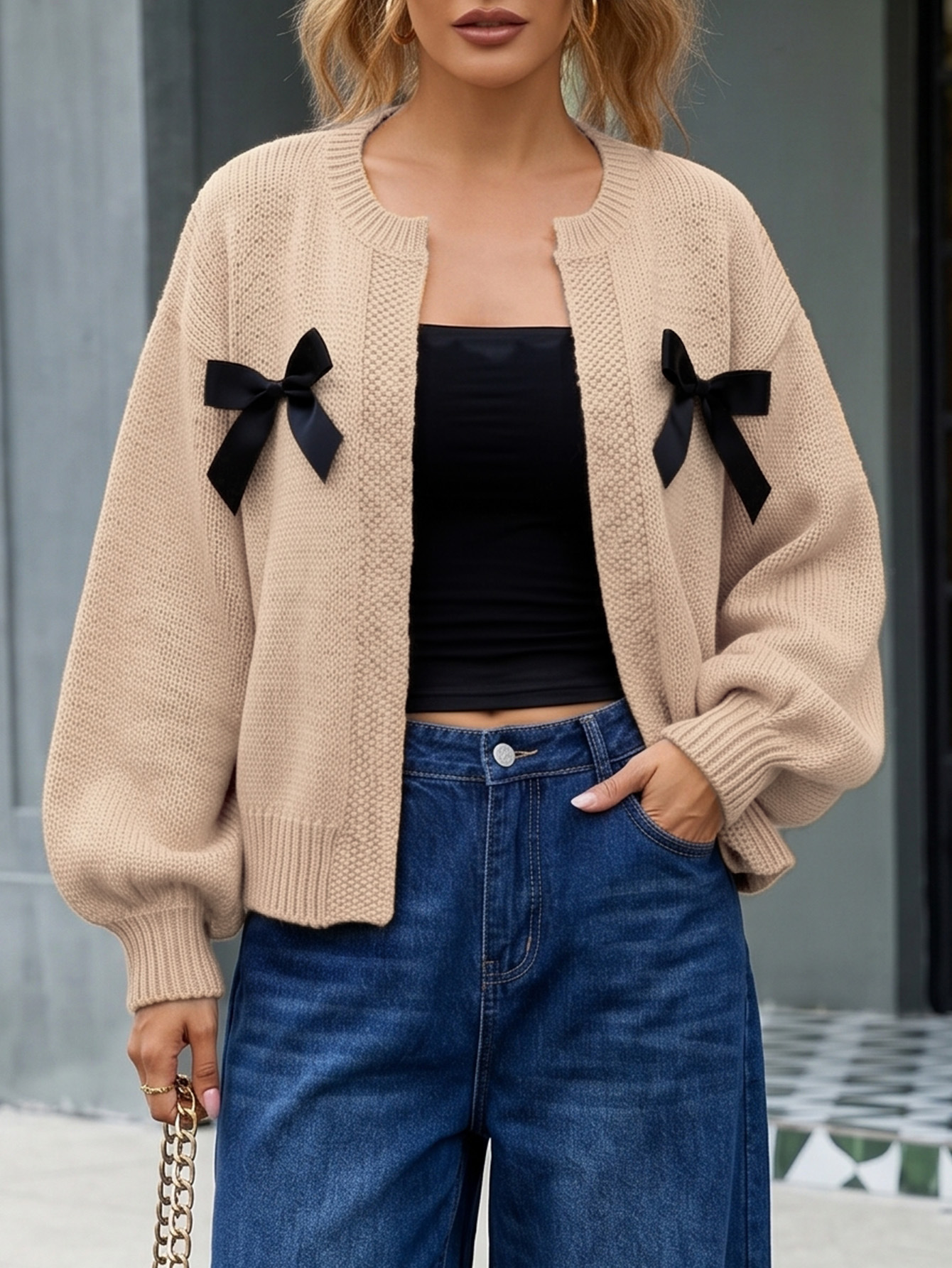 Ribbon Bow Knit Cardigan Women Crewneck Long Sleeve Sweater
