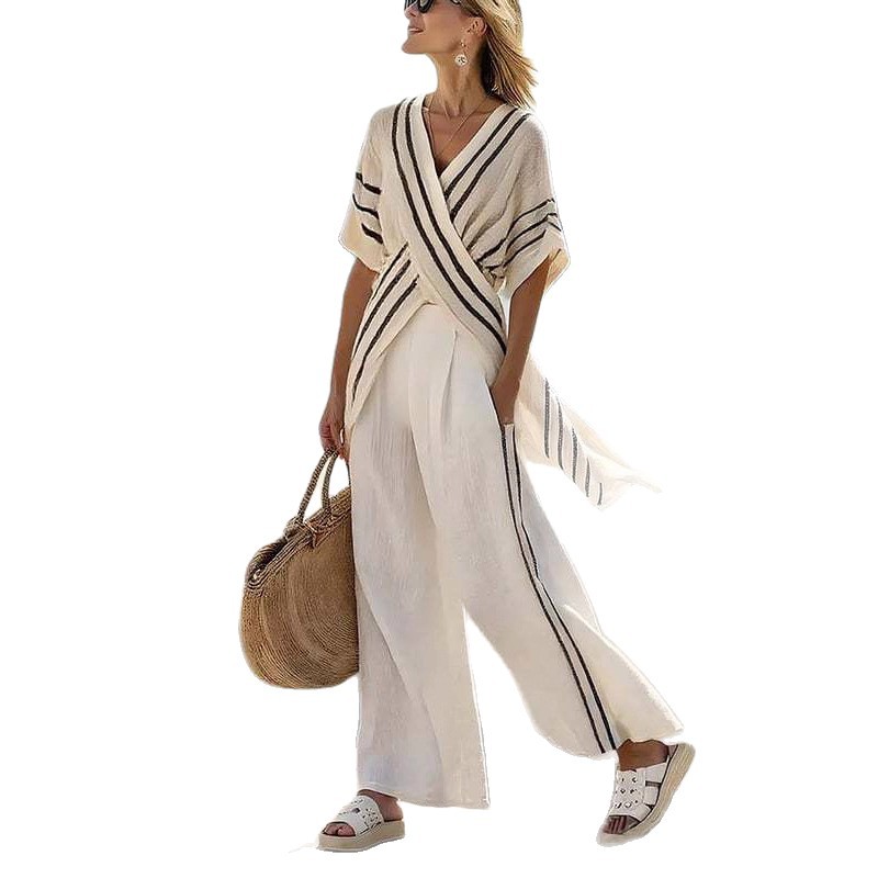Women's Striped Cross Top & Wide-Leg Pants Set Casual Loose Fit