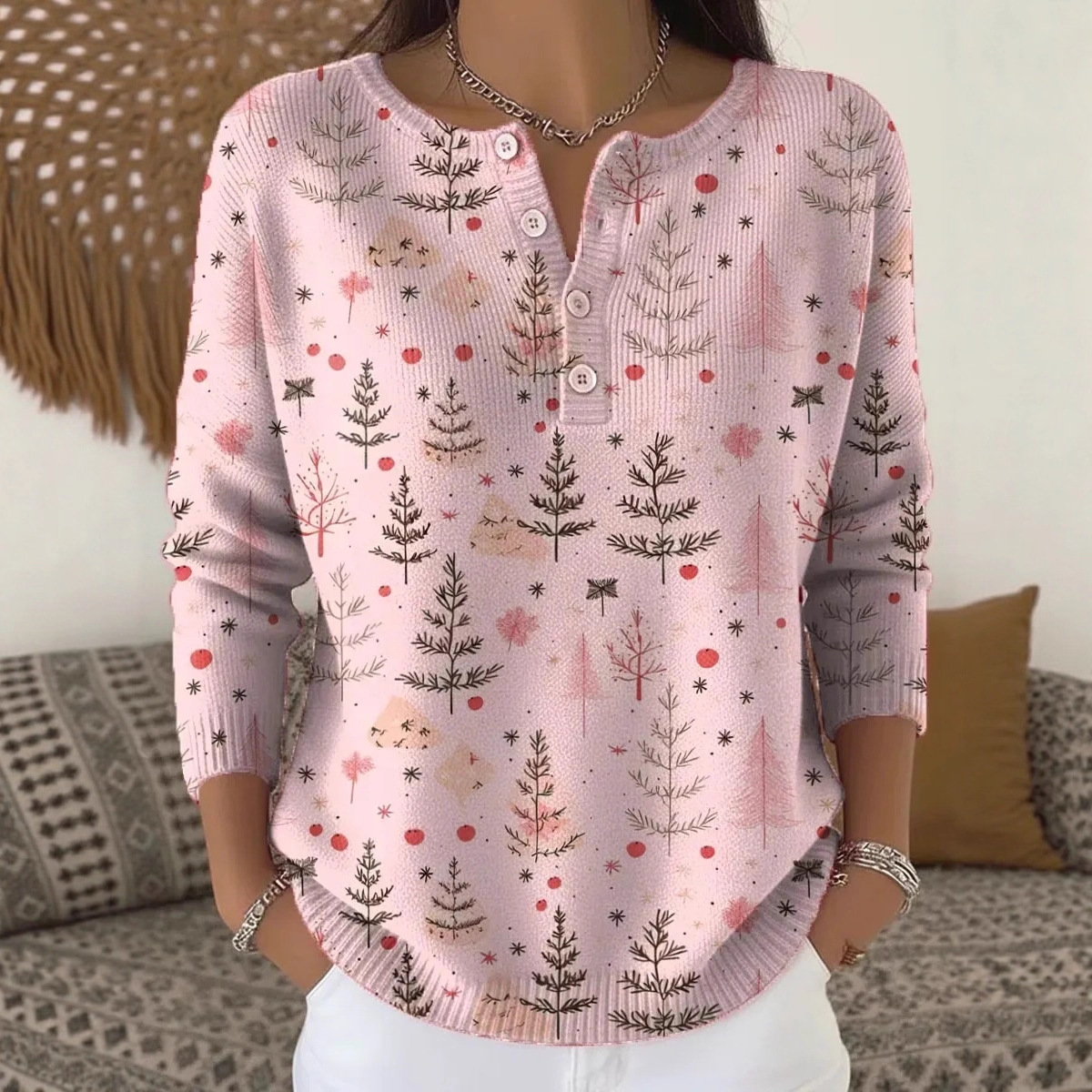 Women's Tree Flower Branch Petal Print Button Sweatshirt
