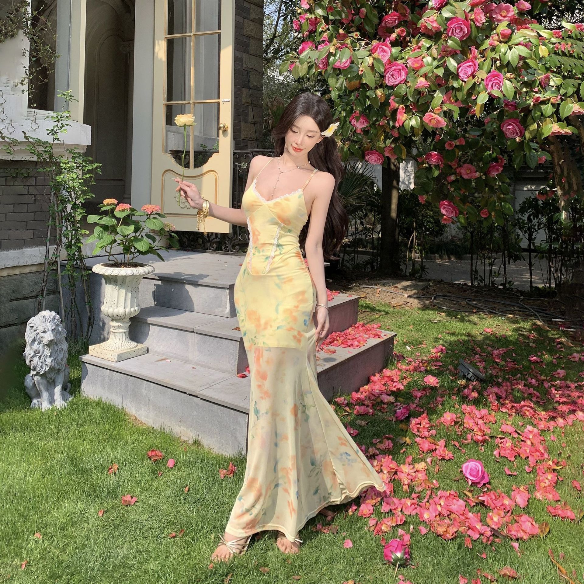 French Yellow Floral Cami Dress Slim Fit Mermaid Midi