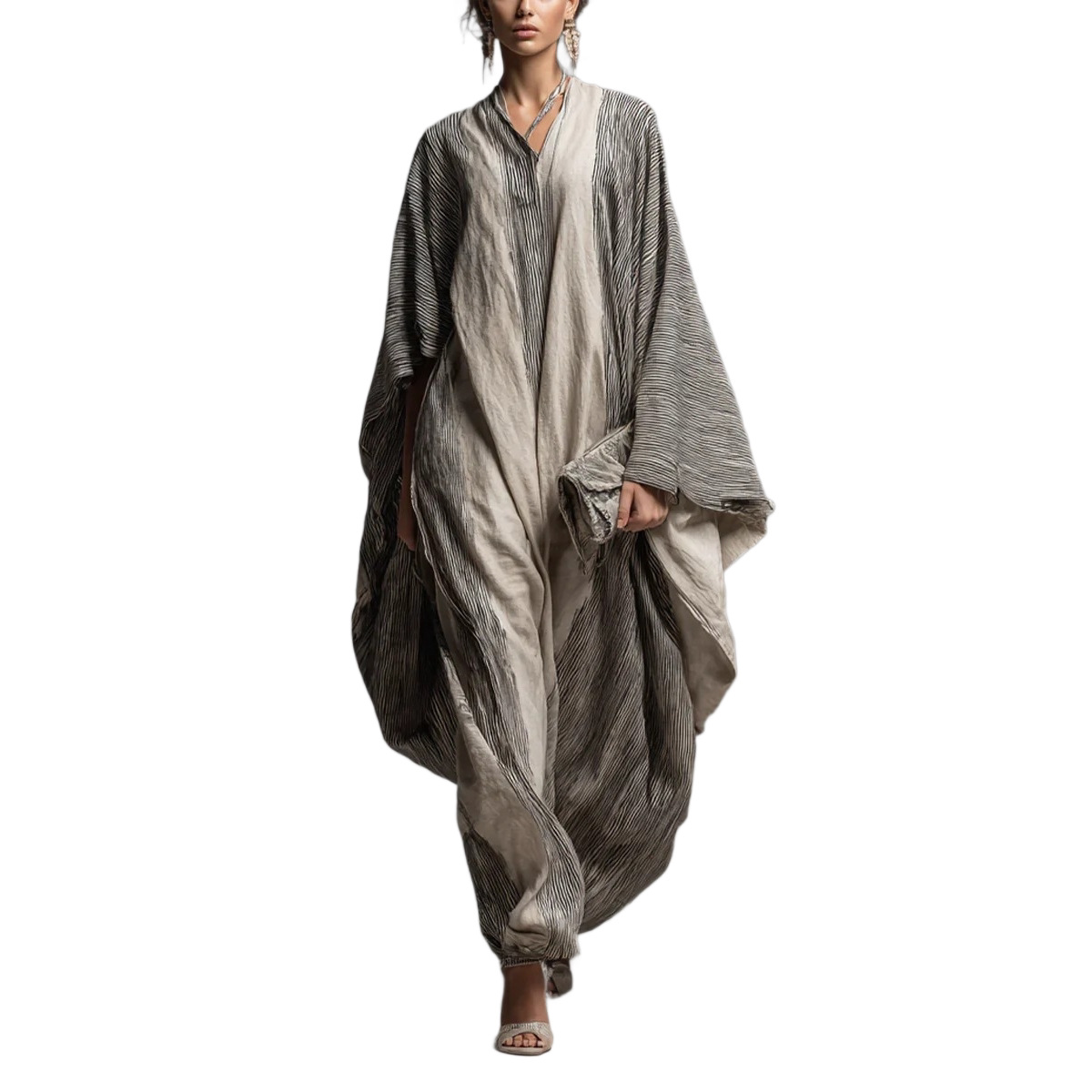 Striped Gradient Wide-Leg Jumpsuit with Long Robe-Style Design