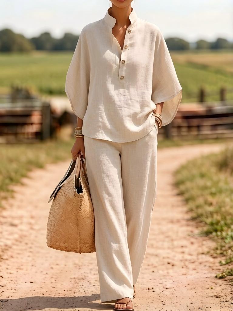 Women's Linen Blend Button Shirt and Wide-Leg Pants Two-Piece Set