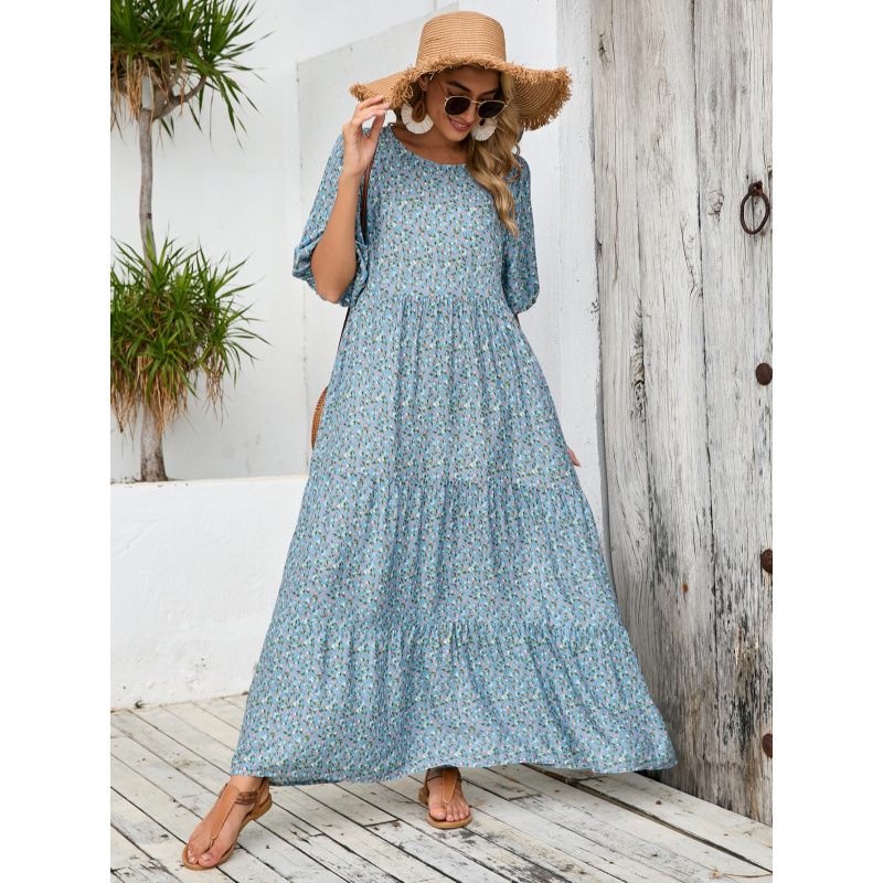 Floral Print Loose Round Neck Midi Dress Plus Size Vintage Casual