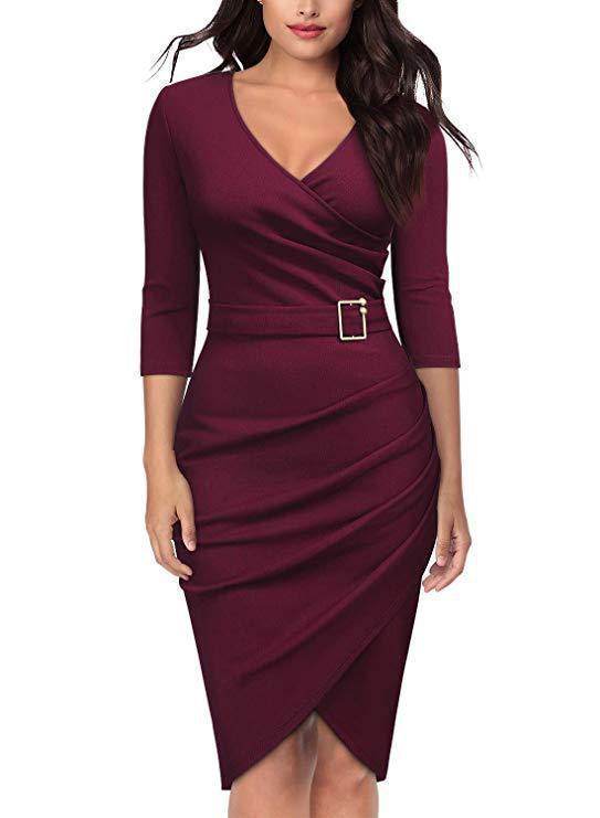 Women's Seven-Sleeve V-Neck Office Party Dress