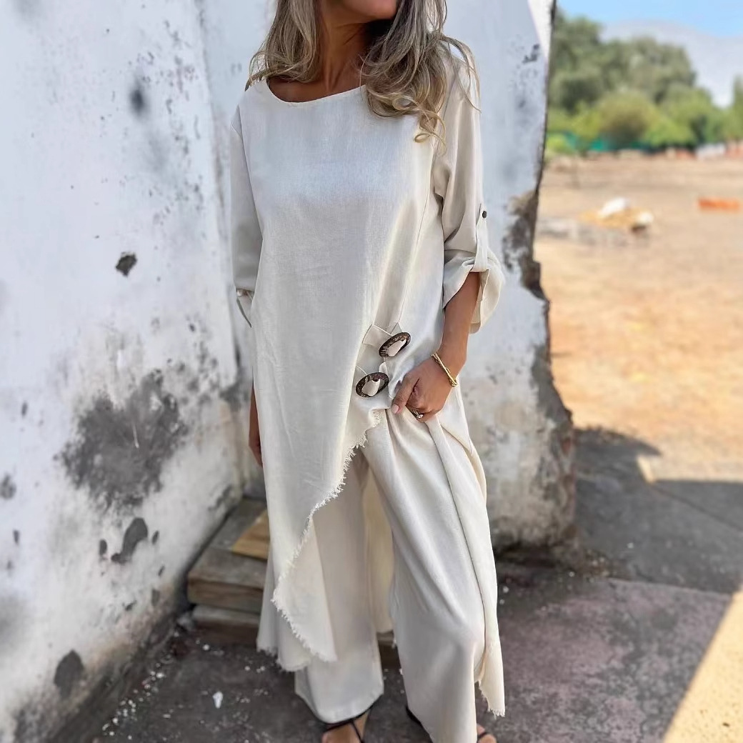 Metal Buckle Loose Irregular Long Robe Set