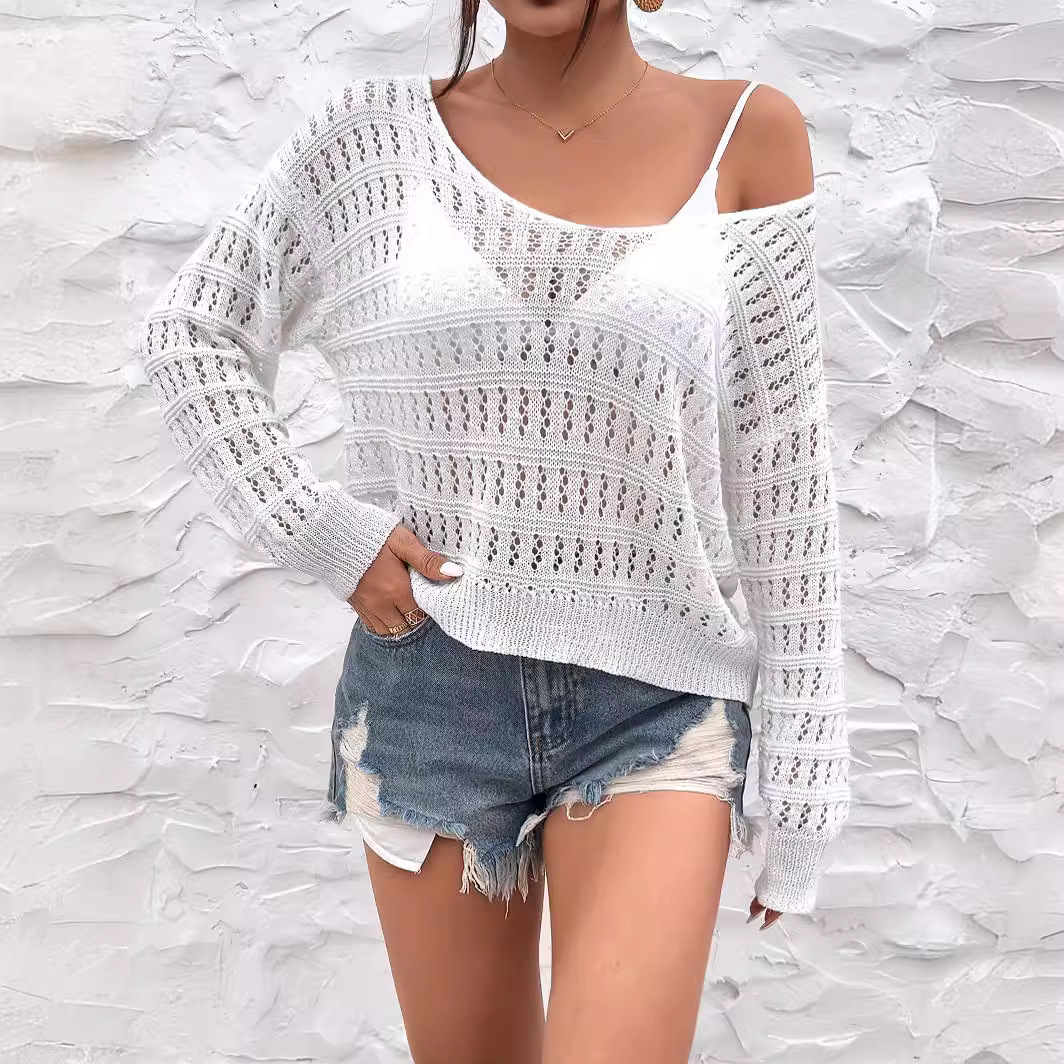 Women's Crochet Hollow-Out Off-Shoulder Long-Sleeve Knit Top
