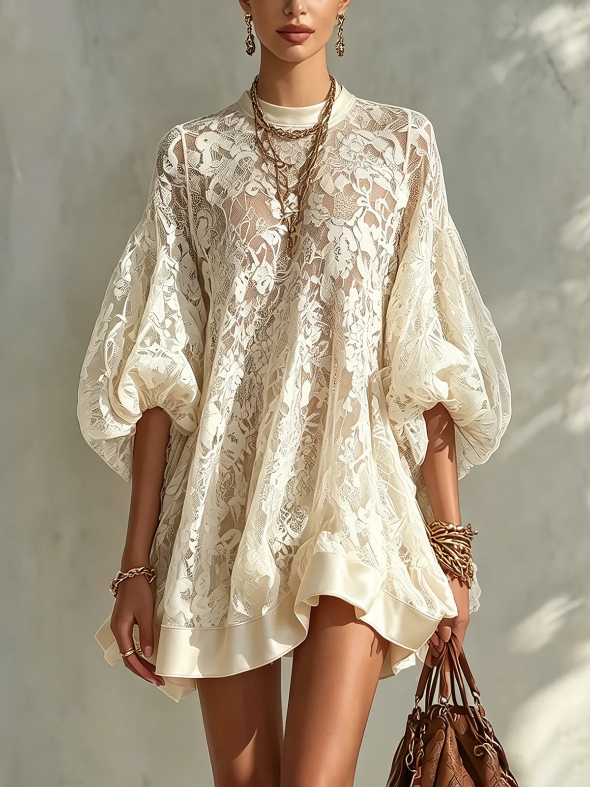 Lace Loose Midi Dress with Lantern Sleeves Summer Beach Vacation Flowy