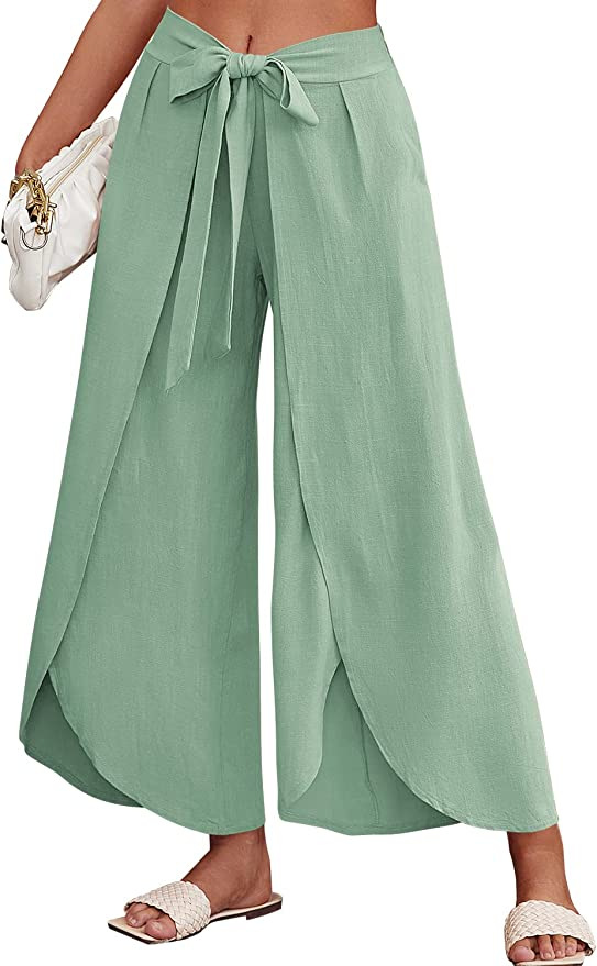 Boho High-Waist Split Wide-Leg Pants with Belt