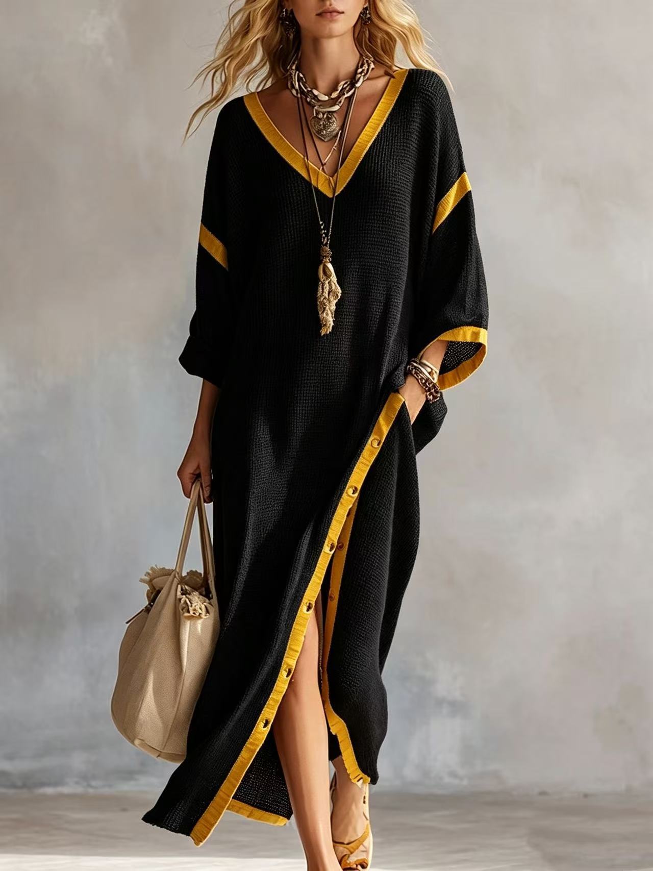 Women's Boho Colorblock Loose Slit Dress