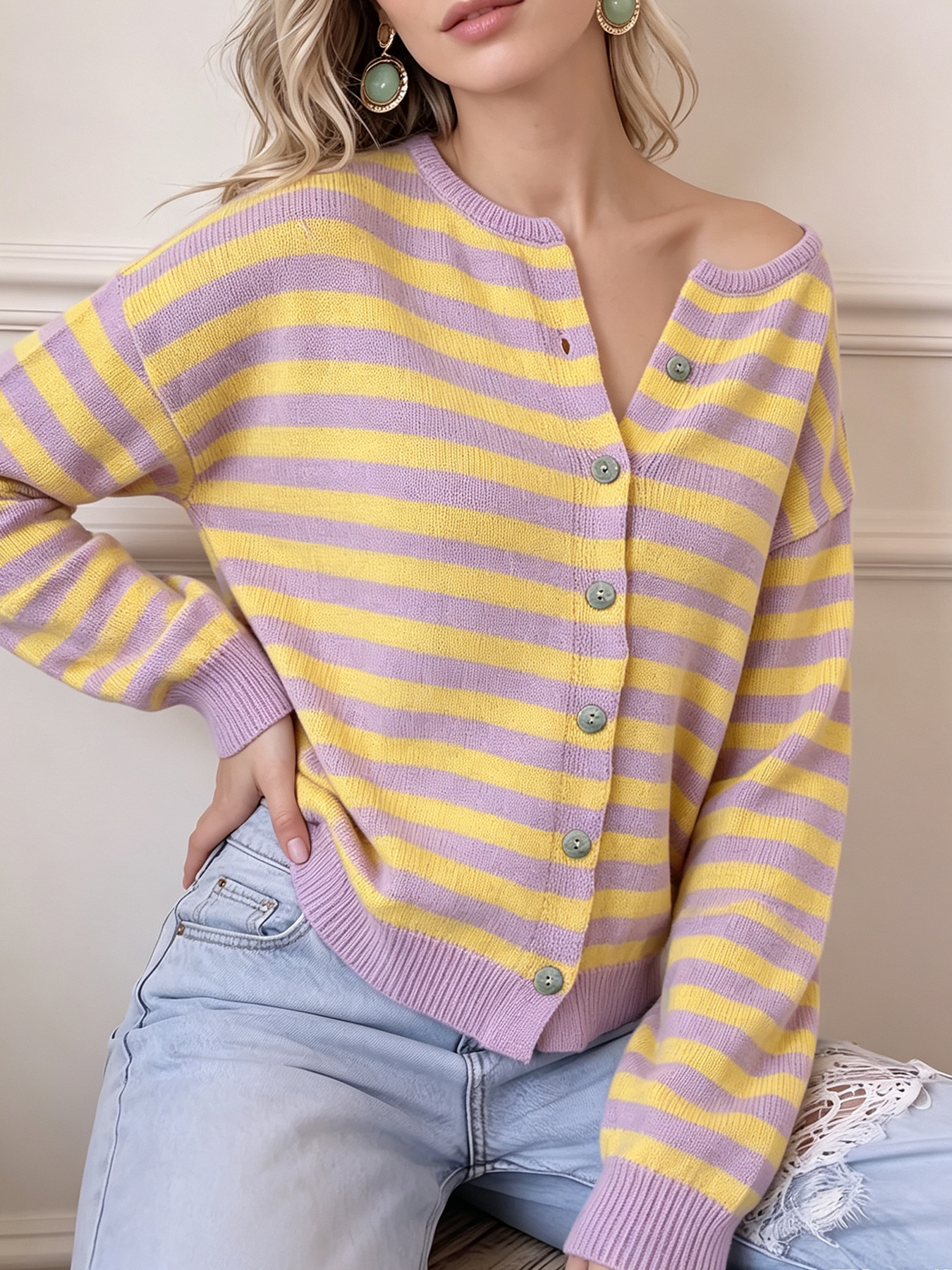 Striped Color-Block Knit Cardigan with Zip and Buttons
