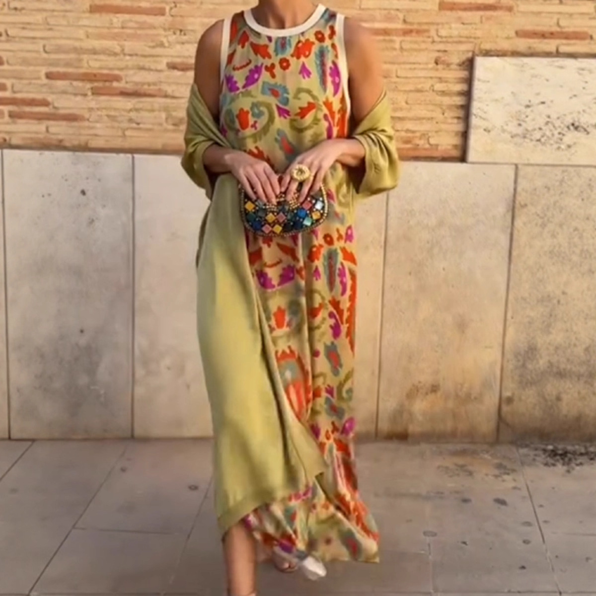 Digital Print Crew Neck Sleeveless Maxi Dress with Sun Protection Cardigan Two-Piece Set