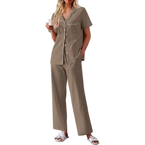 Women's Cuban Collar Short Sleeve Shirt and Pants Set