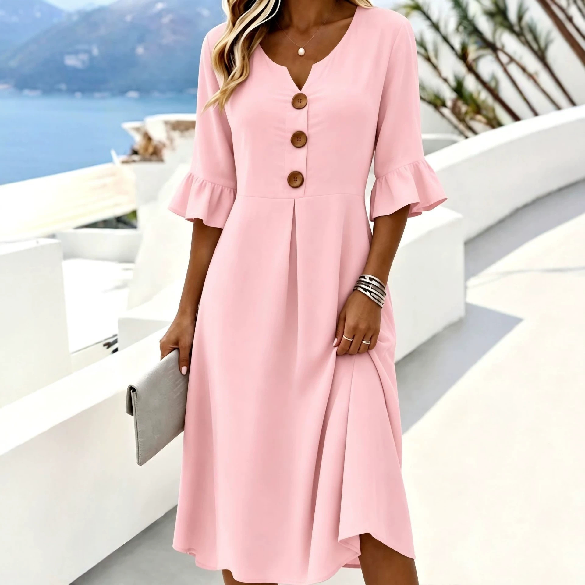 Women's Vintage Print Button Midi Dress