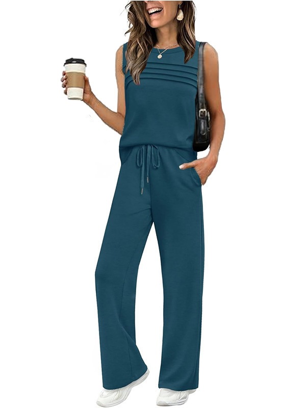 Women's Textured Sleeveless Vest & Wide-Leg Pants Set with Drawstring Pockets