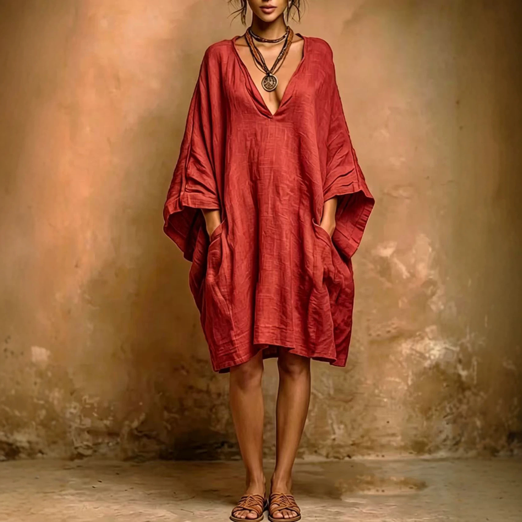 Women's Cotton-Linen Blend Batwing Sleeve Loose Midi Dress with Pockets