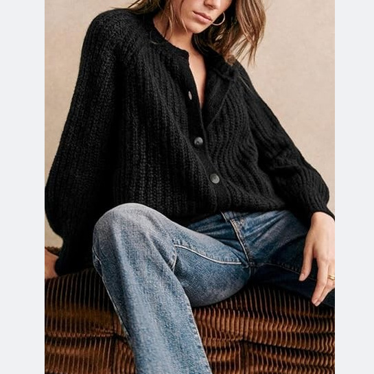 Women's Solid Knit Cardigan Round Neck Long Sleeve Loose Fit