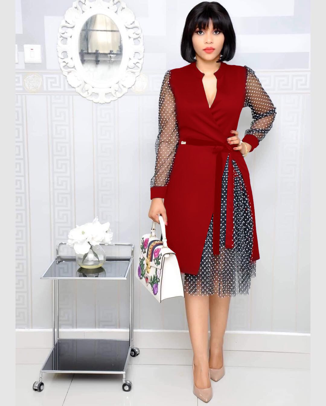 Women's V-Neck Polka Dot Mesh Panel Slit Dress