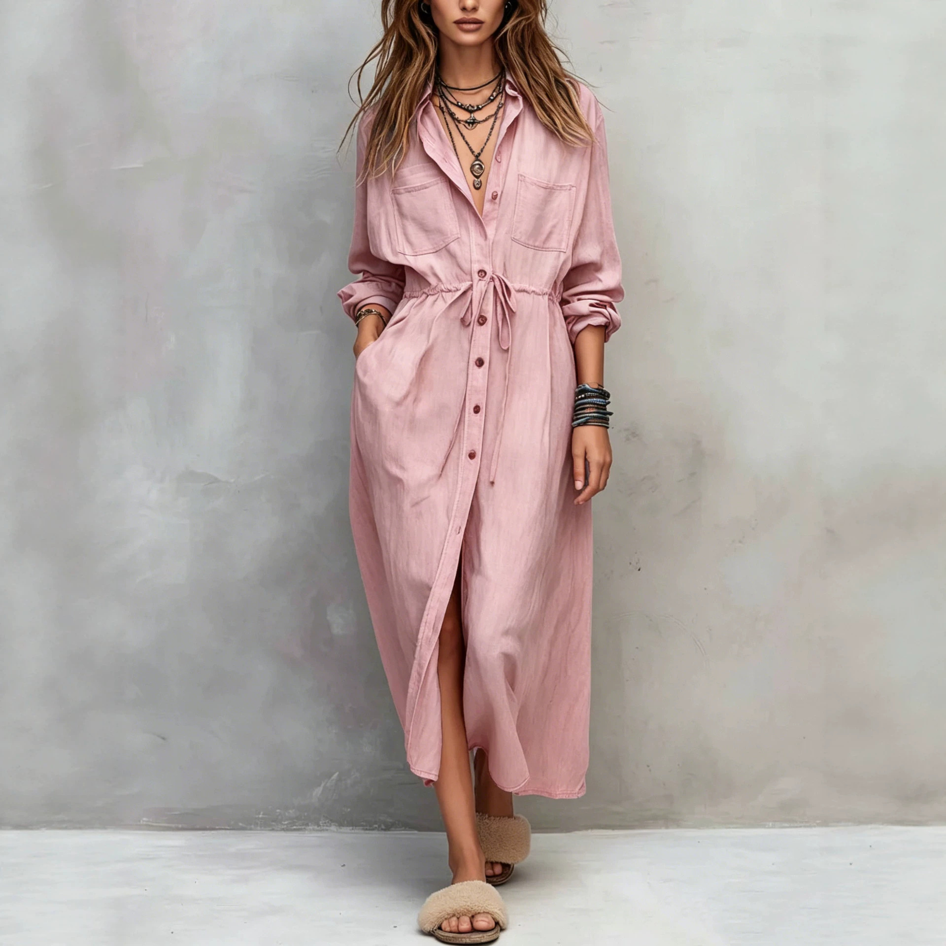 Women's Drawstring Waist Shirt Dress Loose Fit Midi A-Line