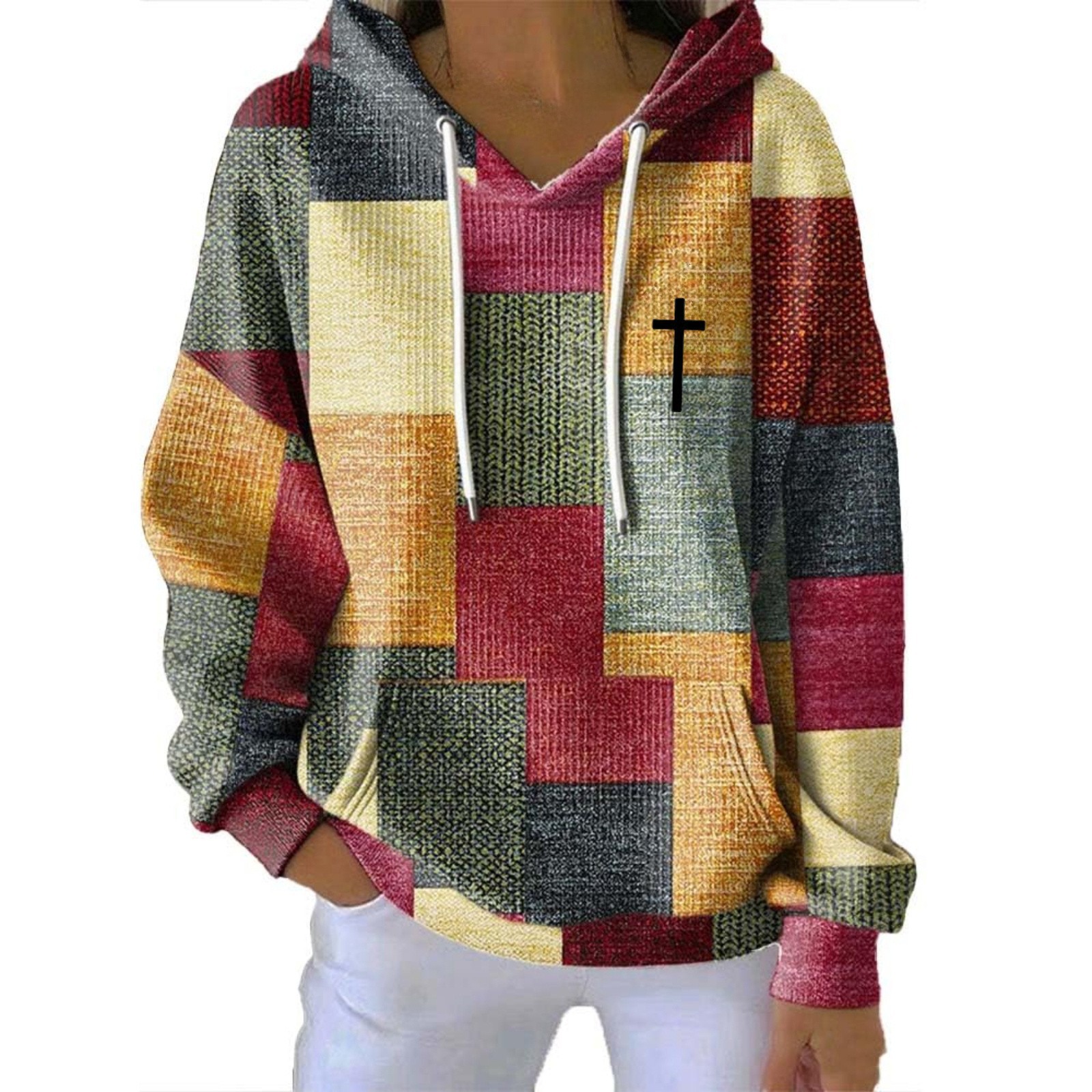 Women's Cross Print Ribbed Plaid Hooded Sweatshirt