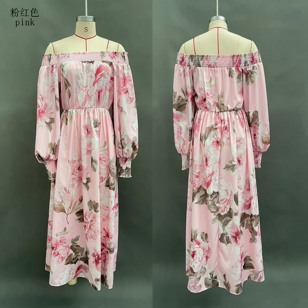 Floral Print Off-Shoulder Lantern Sleeve Midi Dress