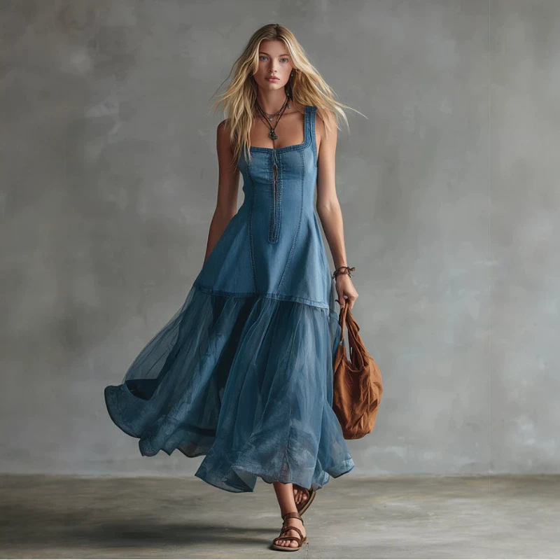 Retro Elegant Blue Denim and Tulle Patchwork Long Dress