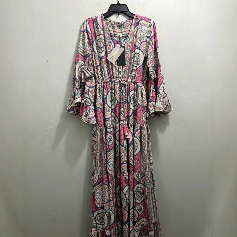Women's V-Neck Waist-Cinching Floral Print Long Dress