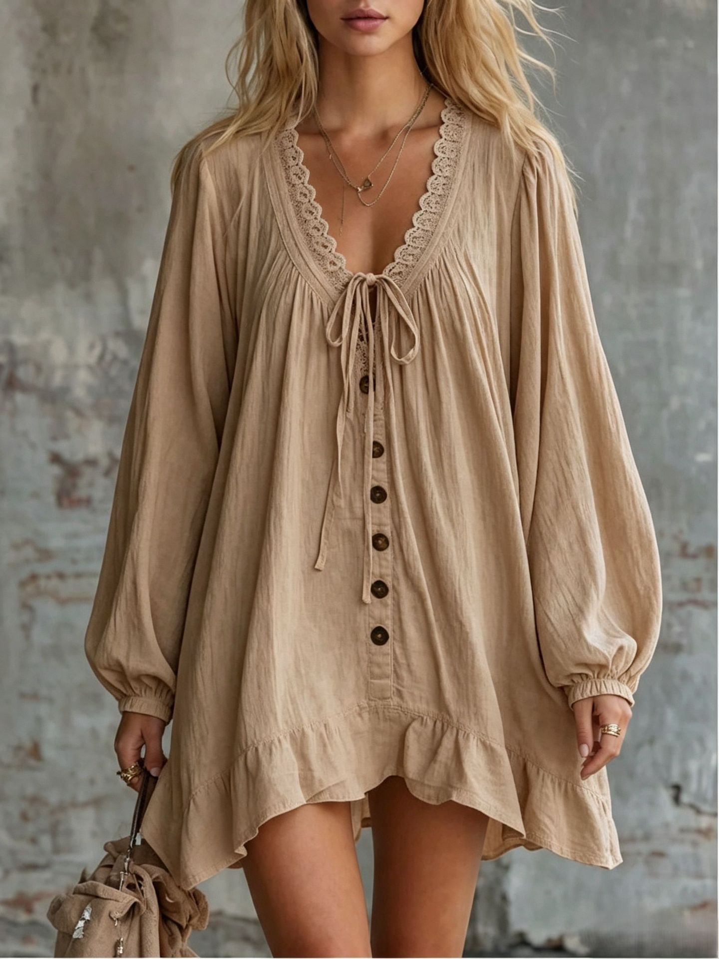 Women's Lace Trim V-Neck Tie Lantern Sleeve Loose Long Sleeve Dress