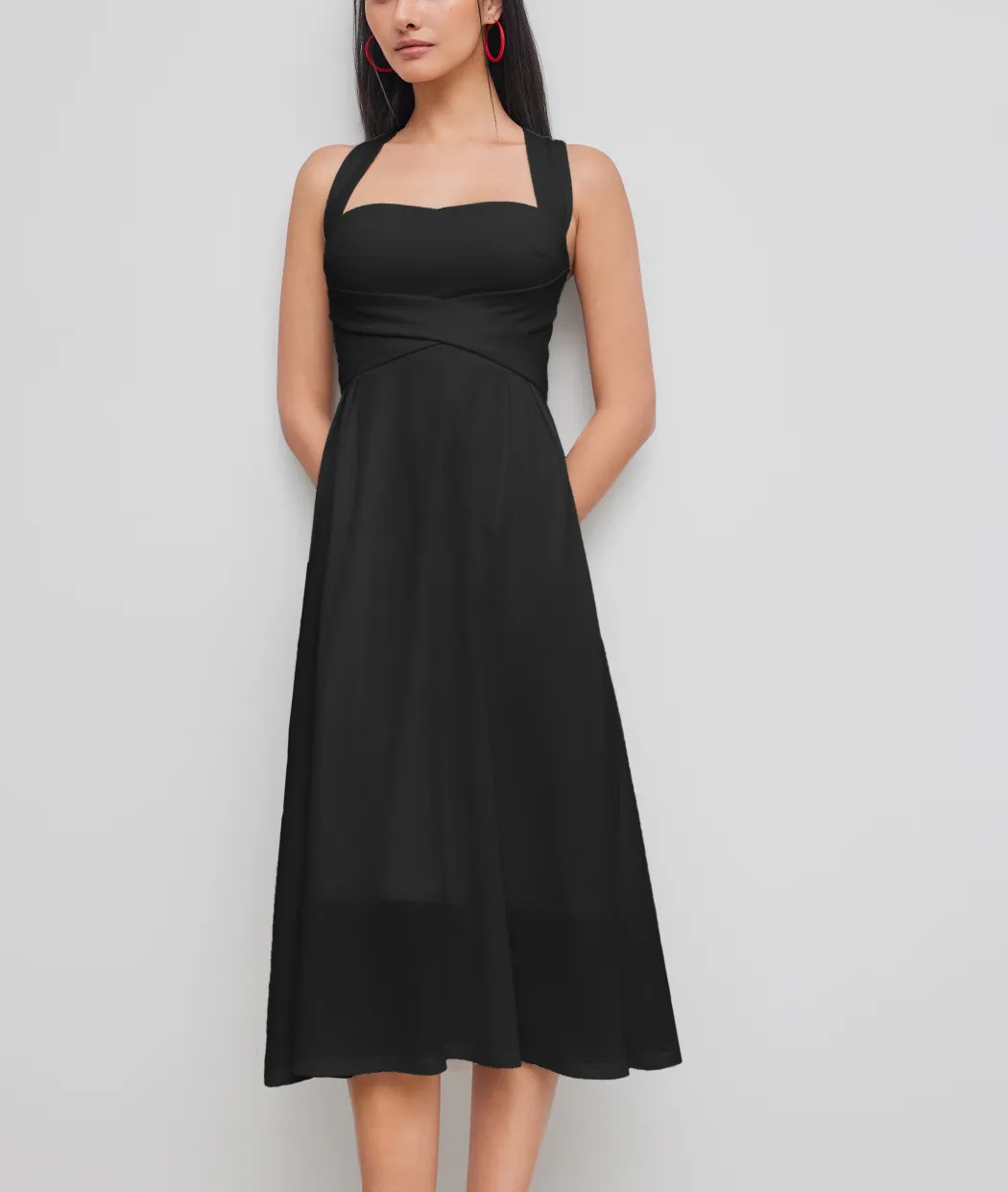 French Square-Neck Sleeveless A-Line Midi Dress