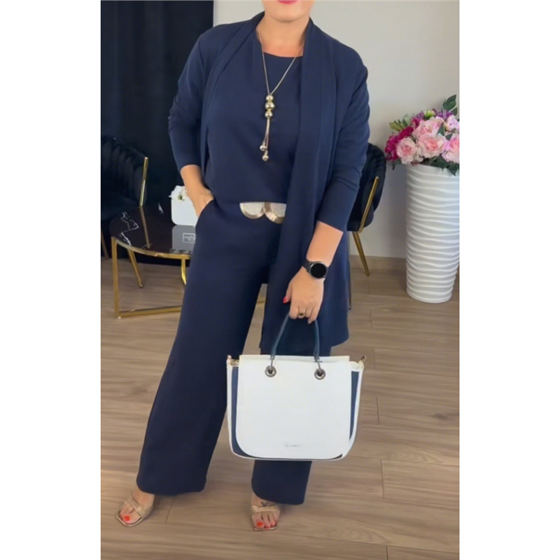 Women's 3-Piece Solid Crewneck Long-Sleeve Top Belted Pants Set