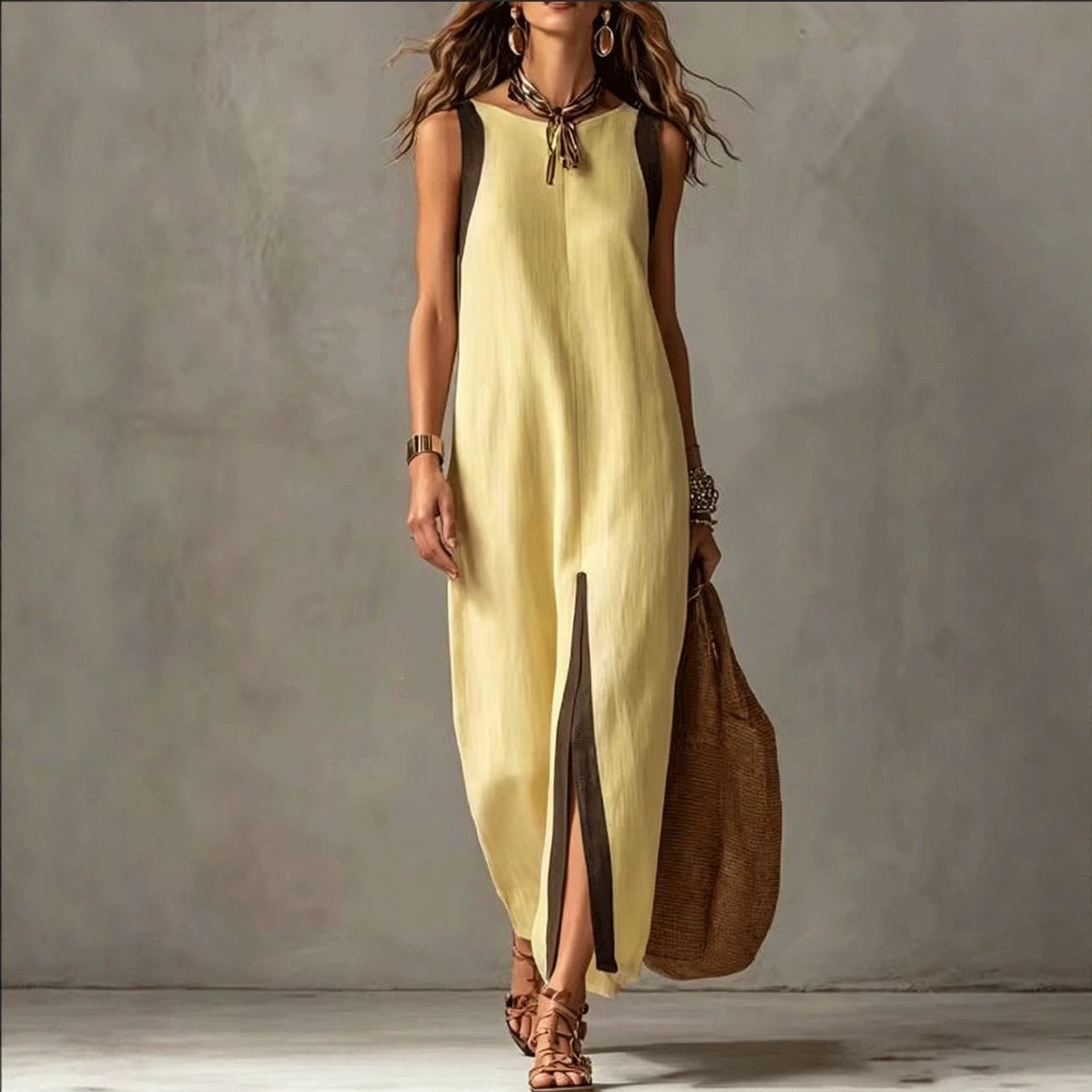 Women's Summer Casual Sleeveless Midi Dress Colorblock