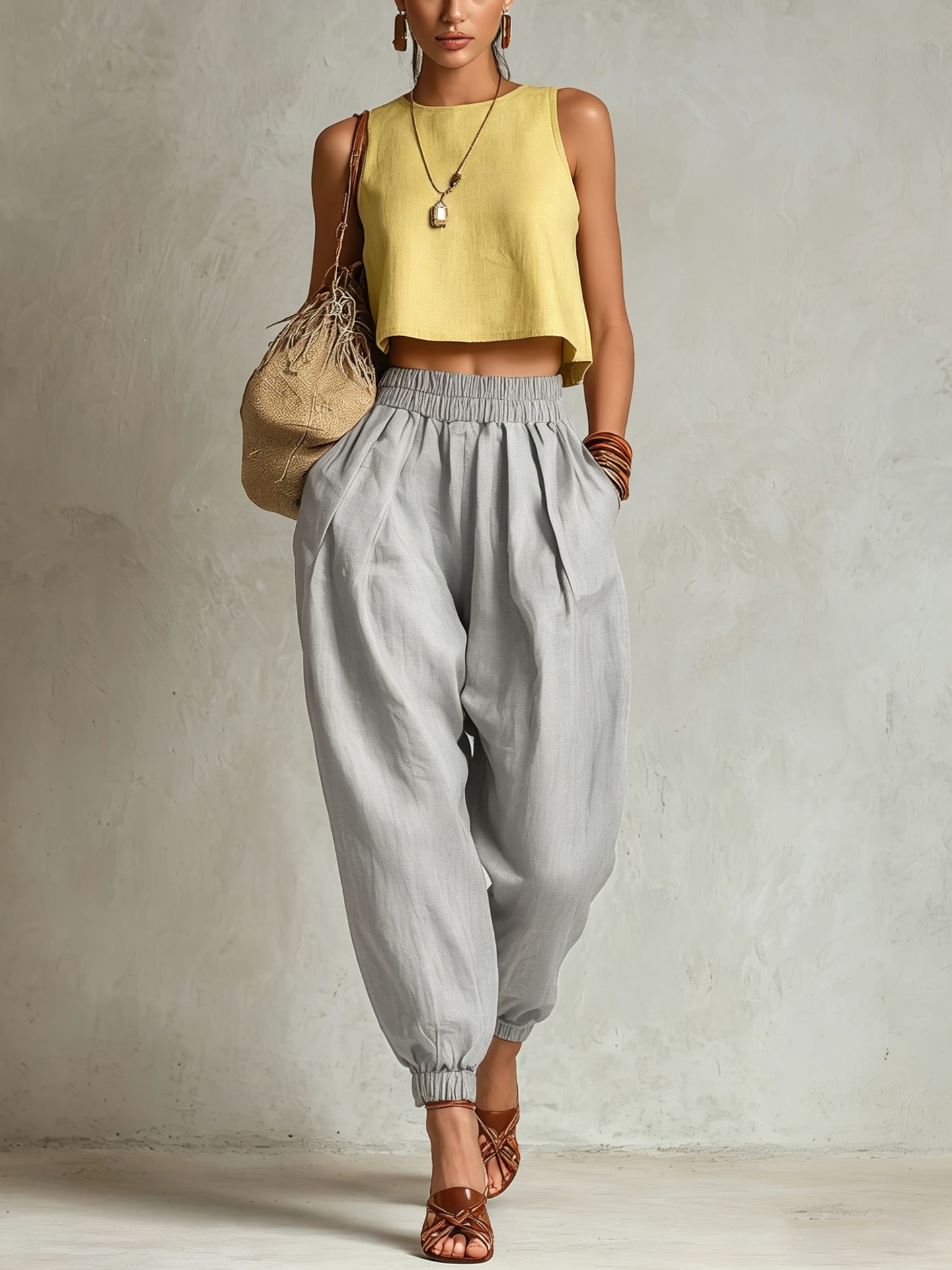 Women's Cotton-Linen Harem Pants Elastic Waist Loose Slimming Cuffed Lantern Casual Trousers