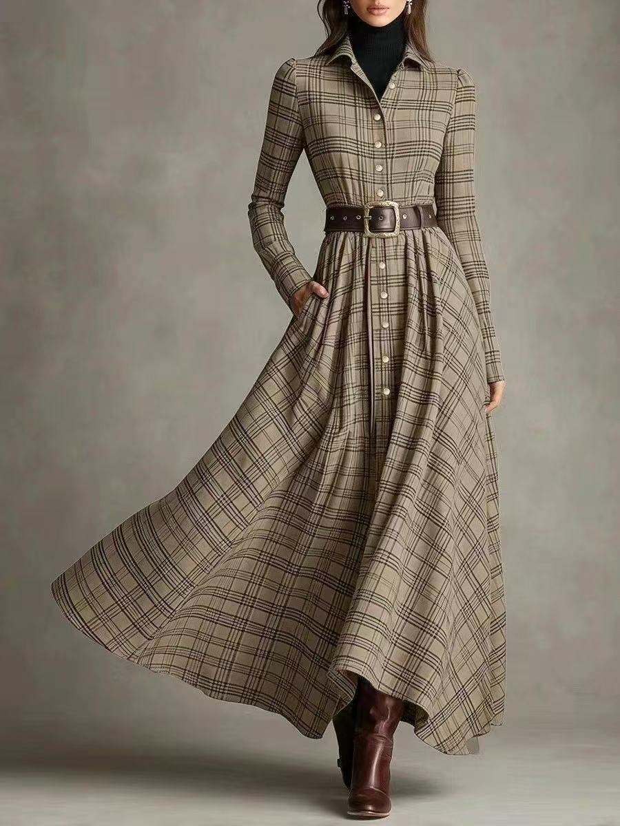 Plaid Collared Button-Front Shirt Dress with Pockets and Elastic Waist