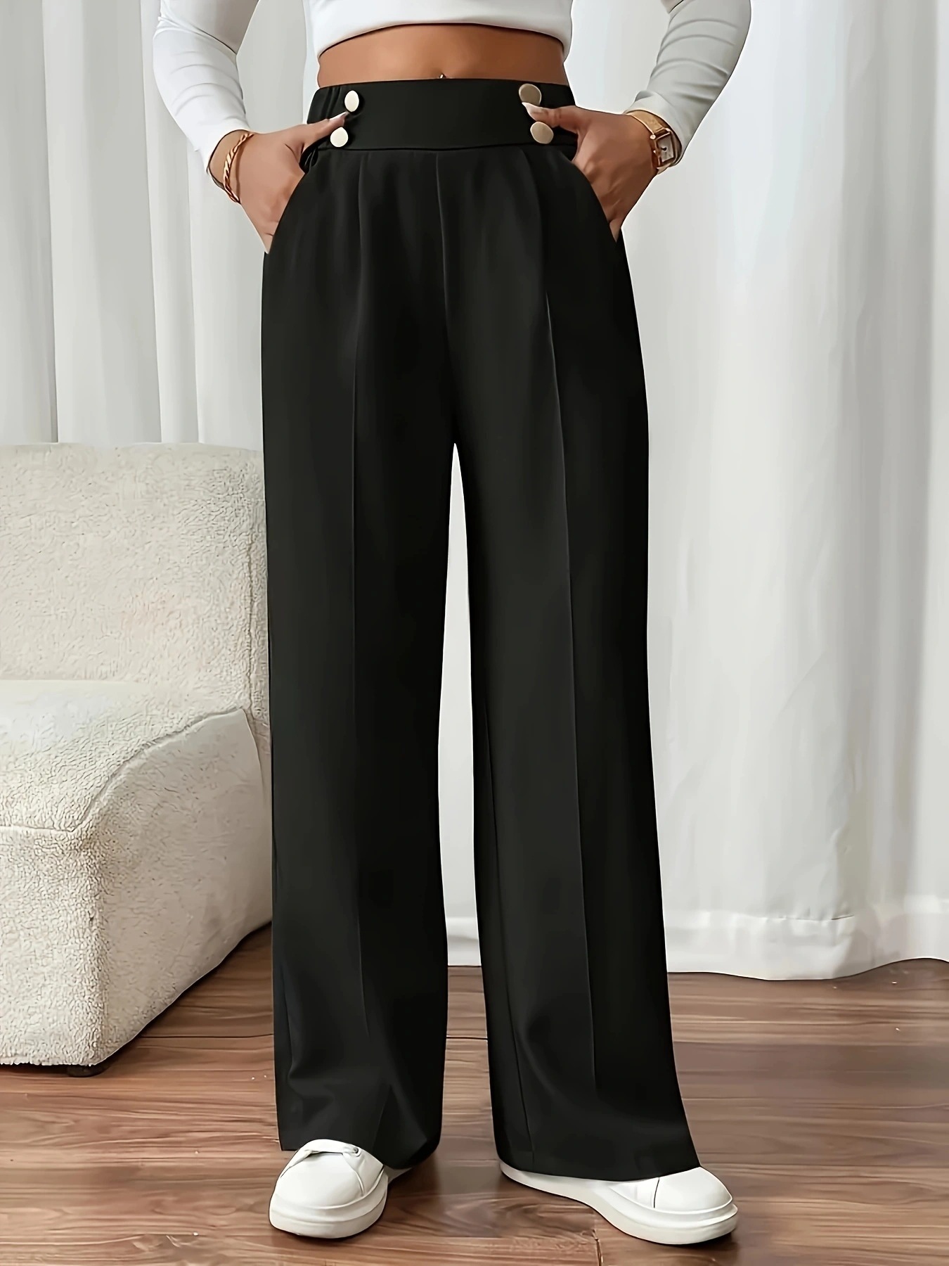 Women's High-Waist Straight-Leg Suit Pants with Drape, Solid Color